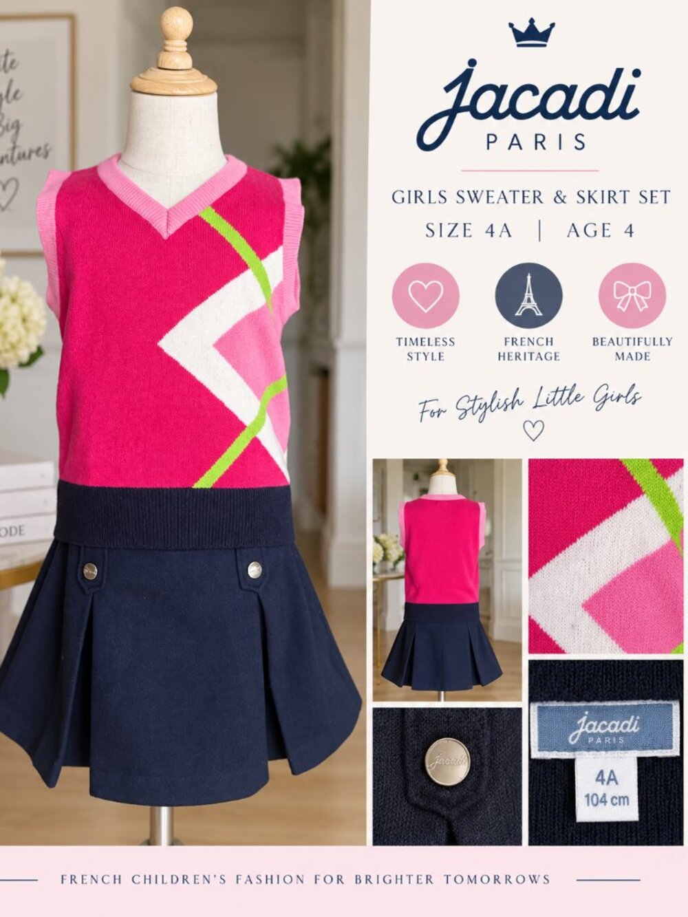 Jacadi Paris Girls Sweater & Skirt Set 4A | Pink Navy Geometric